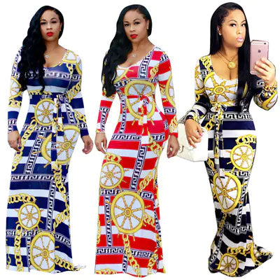 S3086-0 Striped Dress - Digital Print Long Sleeve Dress