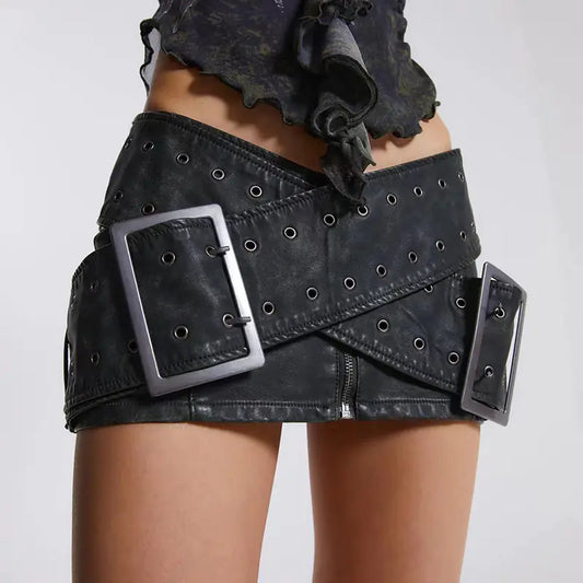 Vintage Worn Leather Miniskirt with Cross Belt