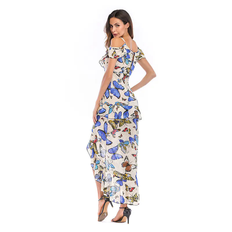 Irregular Strap Maxi Dress, V-Neck Printed Chiffon Dress