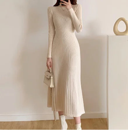 Long Sleeve Evening Dress - Knit A-Line Sweater Dress