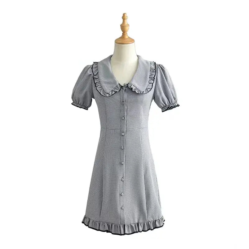 Vintage Short Sleeve High Waist Checkered Dress for Women