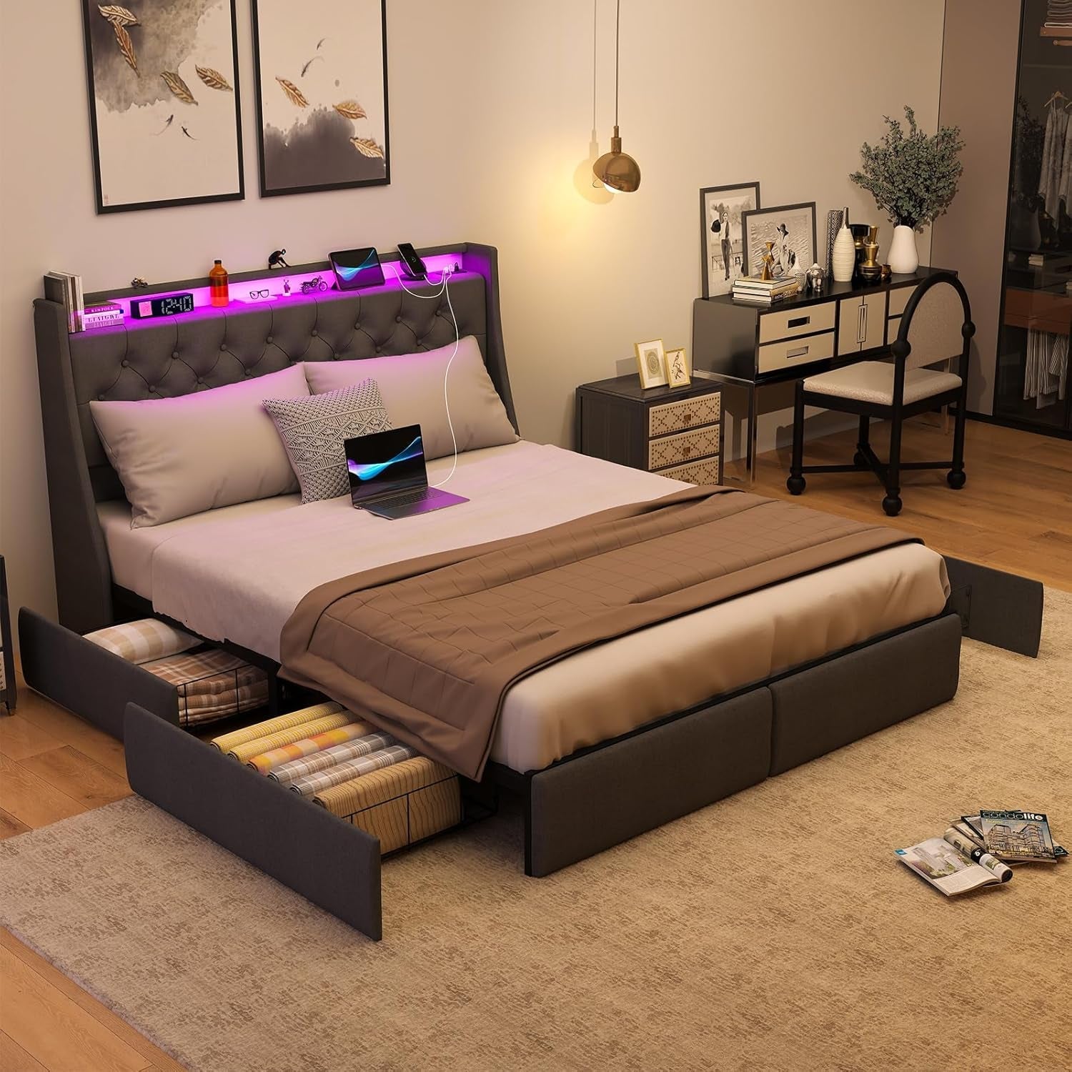 Queen Bed Frame with Storage Headboard and 4 Drawer, Metal Platform Bed Frame Queen Size with LED Light, Charging Station, No Box Spring Needed, Noise Free, Easy Assembly, Grey-2