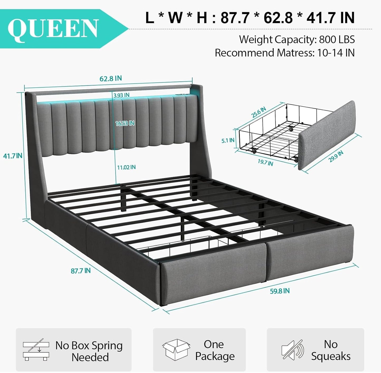 Queen Bed Frame with LED Lights and Storage Drawers-1