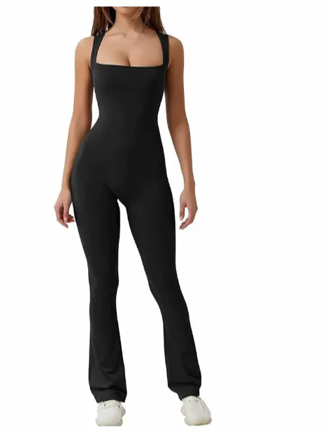 Sleeveless Flare Jumpsuit - Fitted Yoga Bodysuit (One)