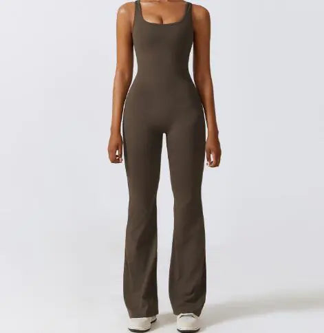 Sleeveless Flare Jumpsuit - Fitted Yoga Bodysuit (One)