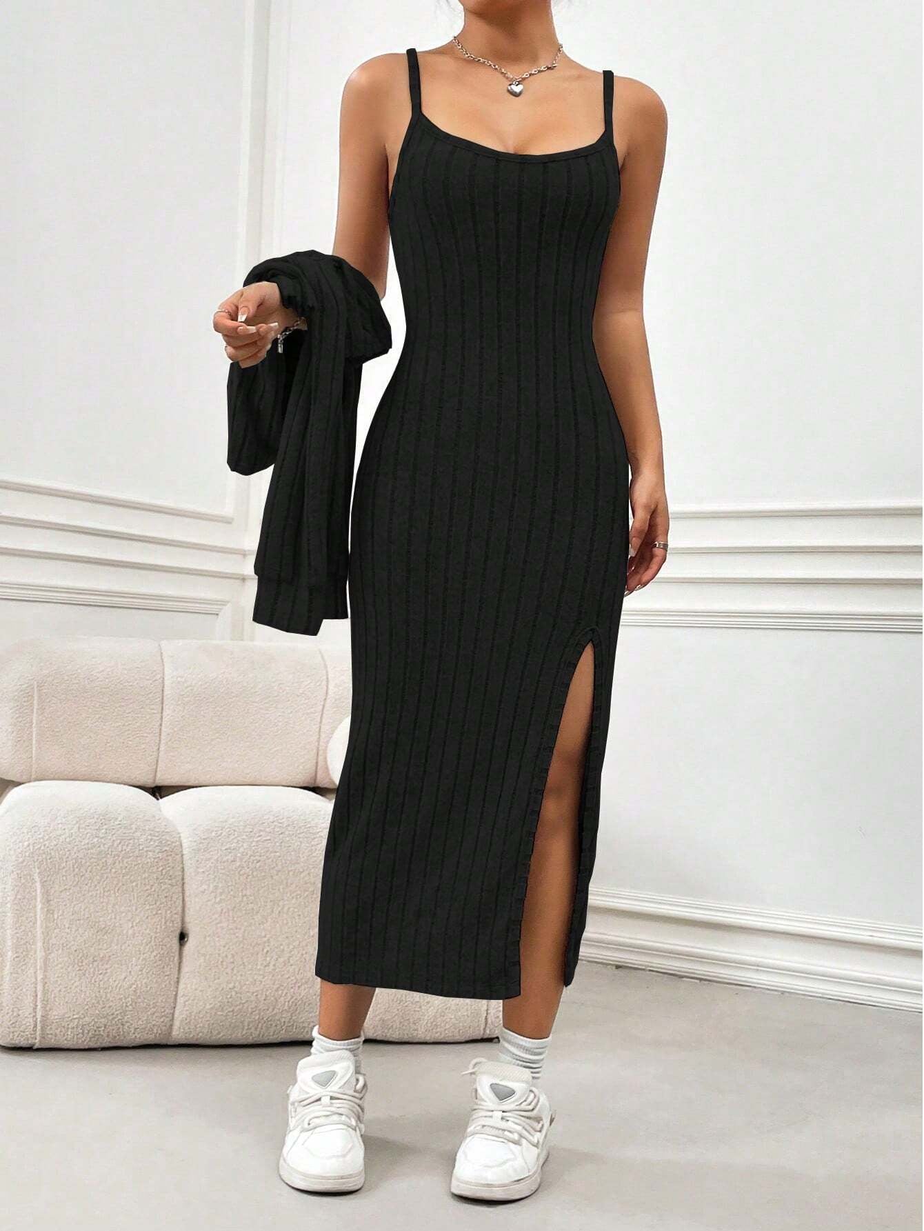 Flirla Fleece Casual Simple Spaghetti Strap Dress and Coat