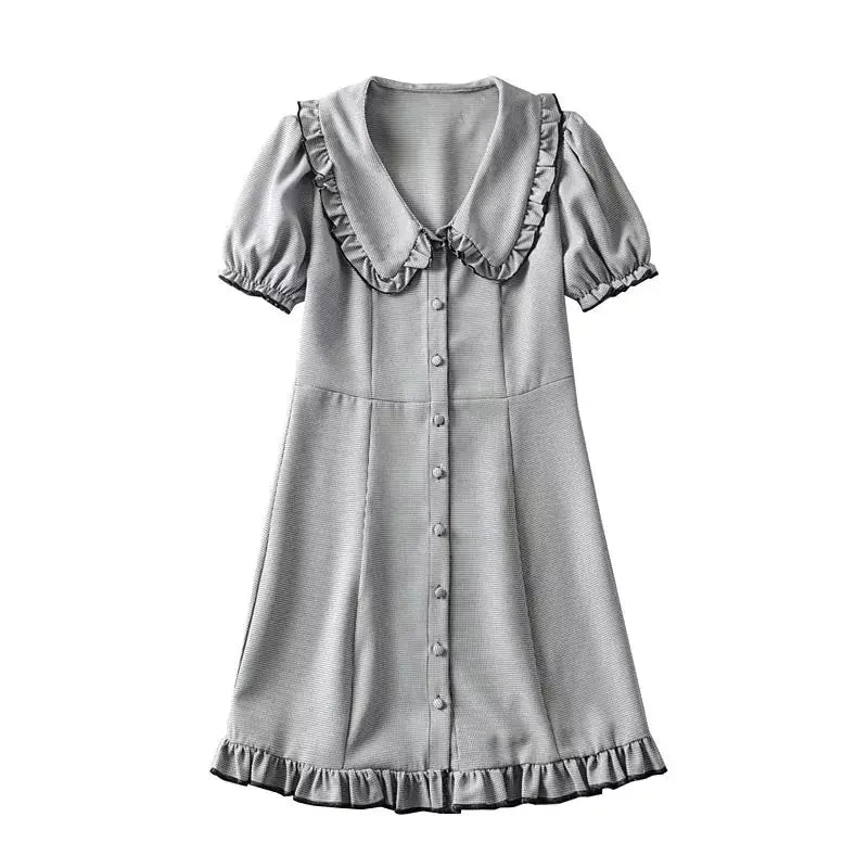 Vintage Short Sleeve High Waist Checkered Dress for Women