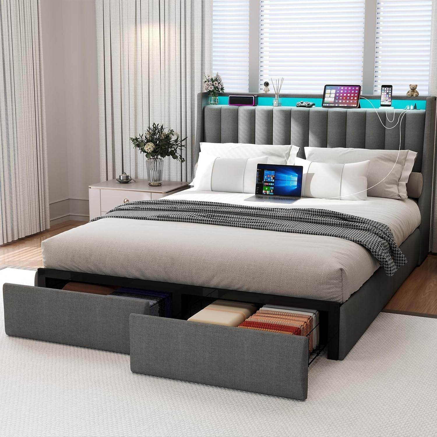Queen Bed Frame with LED Lights and Storage Drawers-2