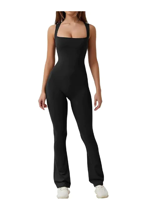 Sleeveless Flare Jumpsuit - Fitted Yoga Bodysuit (One)