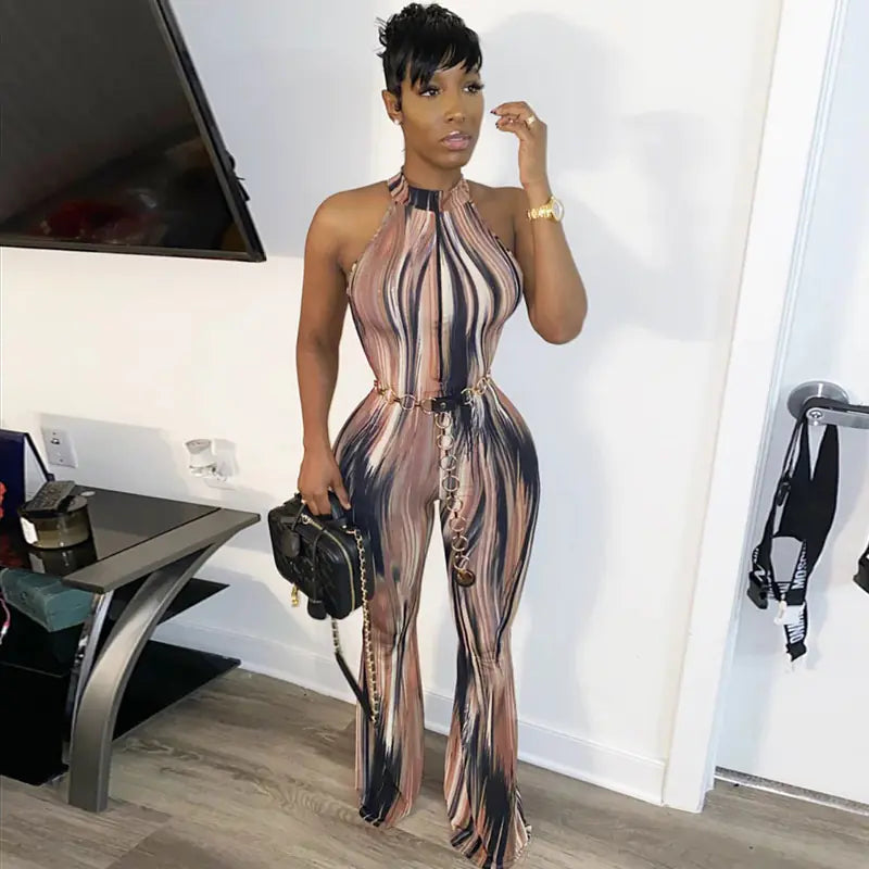 Fashionable Printed Jumpsuit with Halter Neck