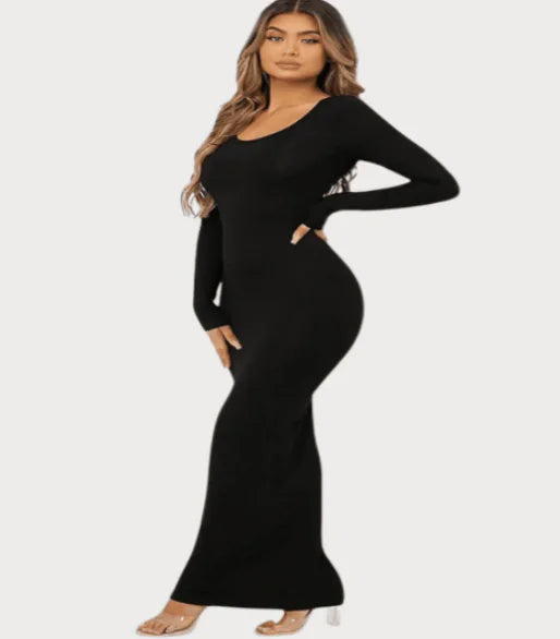Shapewear Long Sleeve Dress - Sexy Knit Midi Dress