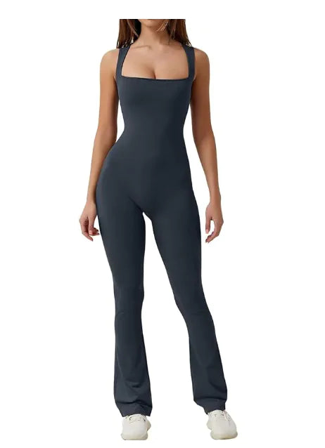 Sleeveless Flare Jumpsuit - Fitted Yoga Bodysuit (One)