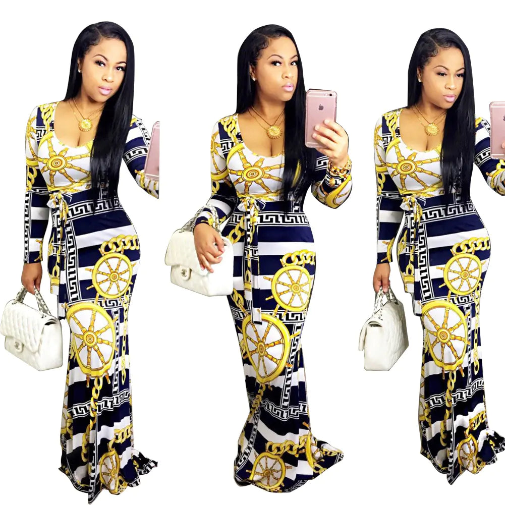 S3086-0 Striped Dress - Digital Print Long Sleeve Dress