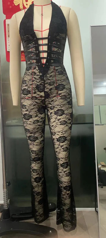 Lace-Up Sheer Slim-Fit Jumpsuit