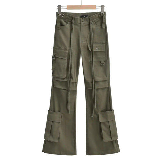 Vintage Style Multi-Pocket Flare Pants for Women