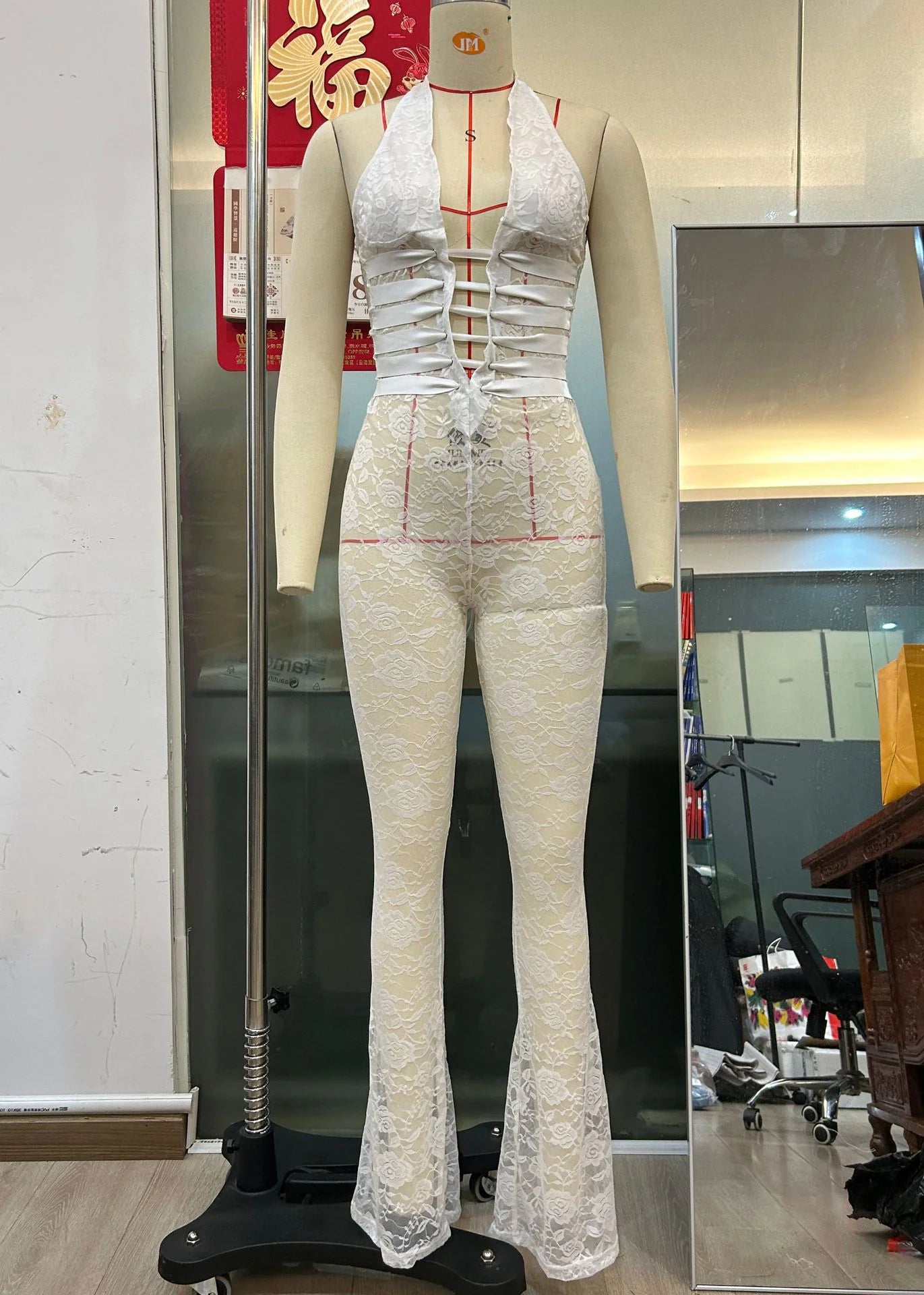 Lace-Up Sheer Slim-Fit Jumpsuit