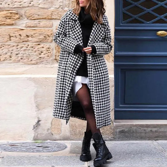 Houndstooth Print Long Coat in British Style for Women