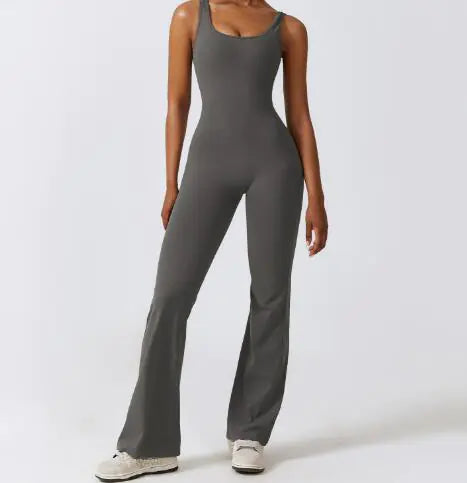 Sleeveless Flare Jumpsuit - Fitted Yoga Bodysuit (One)