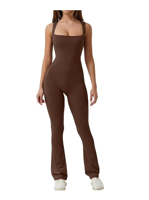 Sleeveless Flare Jumpsuit - Fitted Yoga Bodysuit (One)