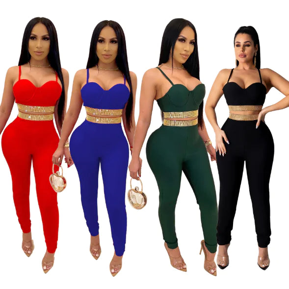 Women's Sexy Off-Shoulder Rhinestone Jumpsuit