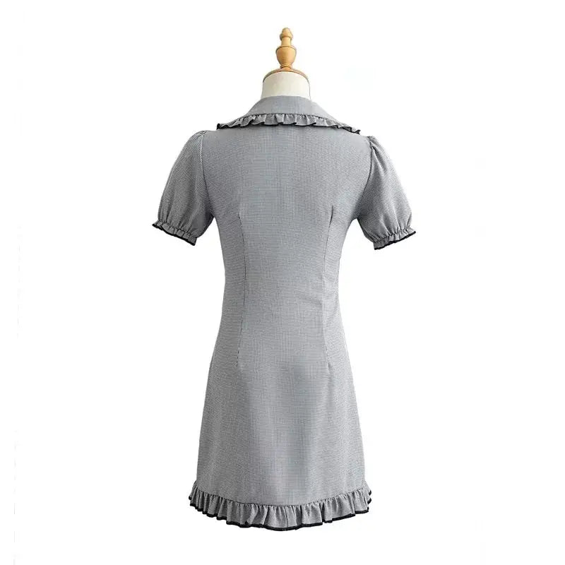 Vintage Short Sleeve High Waist Checkered Dress for Women