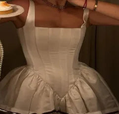 Oyu Dress - Sexy White Satin Backless Pleated Mini Dress