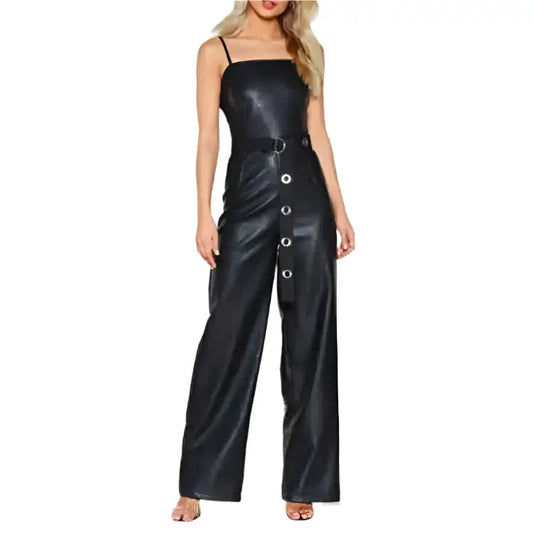 Women’s Black Full-Length Leather Jumpsuit-0